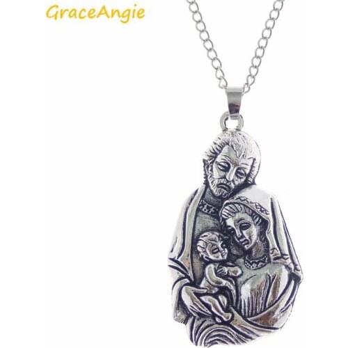 GraceAngie Alloy Saint Virgin Mary Joseph Baby Jesus Pendant Necklace Silver Color Prayer Religious Hanging Jewelry Accessory