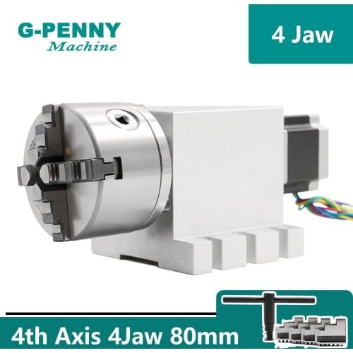CNC 4 Jaw 80mm 4th Axis dividing head Rotation Gapless harmonic gearbox reducer A axis Nema23 motor for CNC woodworking machine
