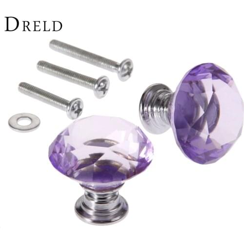 DRELD 2Pcs 30mm Diamond Crystal Drawer Pulls Glass Door Cabinet Wardrobe Pull Knobs Purple Furniture Handles + 6Pcs Screws