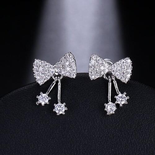 EMMAYA Silver Color Sparkling Bownot Elegent Cute Style AAA Zircon Charm Jewelry Earrings For Women Girls Gifts Party Wedding
