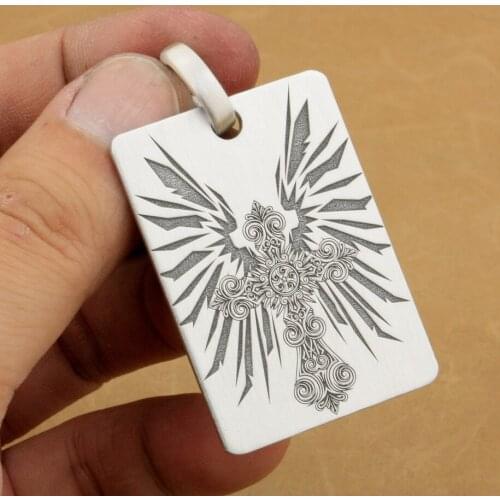Deep Engraved High Detail 925 Sterling Silver Cross Wing Dog Tag Biker Rocker Punk Pendant 9X011 JP