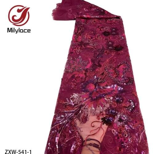 Hot Sale Nigerian Net Mesh Lace Fabric with Sequins High Quality African French Sequence Lace Fabric for Party Dress ZXW-541