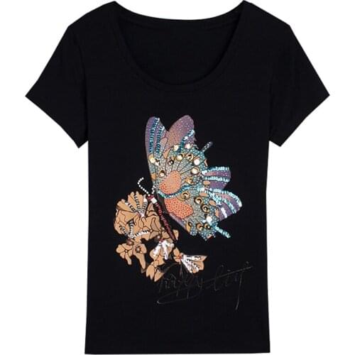 Short Sleeve Cotton T-shirts 2020 Womens Summer Butterfly Personality Handmade Beaded Sequined T-shirts Tops