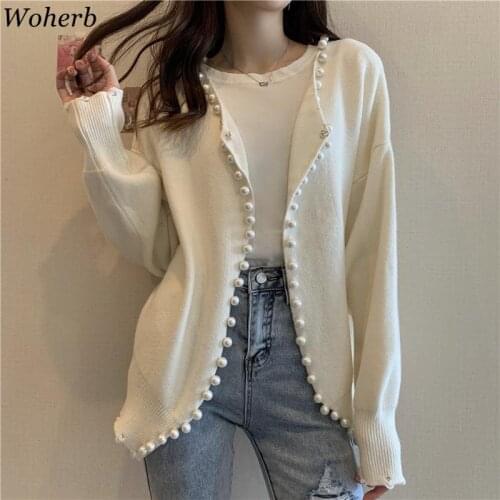 Woherb Beading Cardigan Women Sweater Outwears 2021 Autumn Winter Loose Style Elegant Knitted Korean Chic Casual Fashion Top