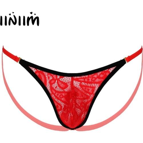 Mens Lingerie Sissy T-back Underwear See-through Lace Bulge Pouch Thongs Underpants Low Waist Open Butt G-string Briefs Panties