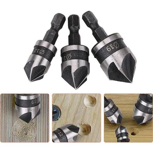 3pcs 90 Degrees Chamfer Drill Bit Set 12/16/19mm 5 Flute Wood Working Drill Bit Cutter Countersink Drill Bit Set