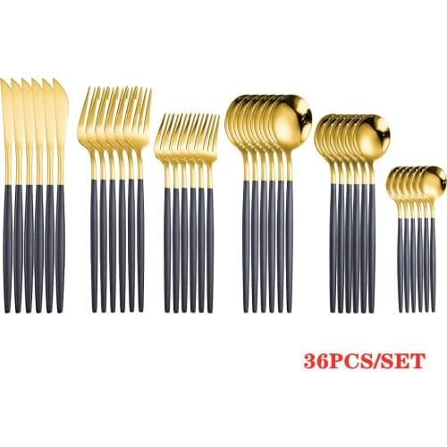 36Pcs Black Gold Dinnerware Set golden Stainless Steel Cutlery Set Kitchen Mirror Gold Tableware Set Knife Fork Spoon Dinner Set
