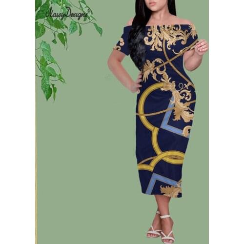 Noisydesigns New Elegant Women Dress Floral Printed Blue Eurpoen Big Size 4XL Summer Female Lady Beach Golden Vestidos Dropship