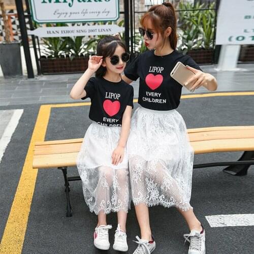 2019 mommy and me clothes cotton t-shirt+lace skirt 2pcs set mom and daughter dress family matching clothes parent child outfits