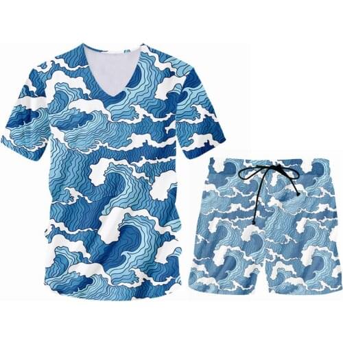 Plus Size S-6XL Mens Sets Japanese 3d Anime Ukiyoe Wave Print 2 Pcs Shorts+T-shirt Tracksuit Customize Unisex Casual Sweatsuit