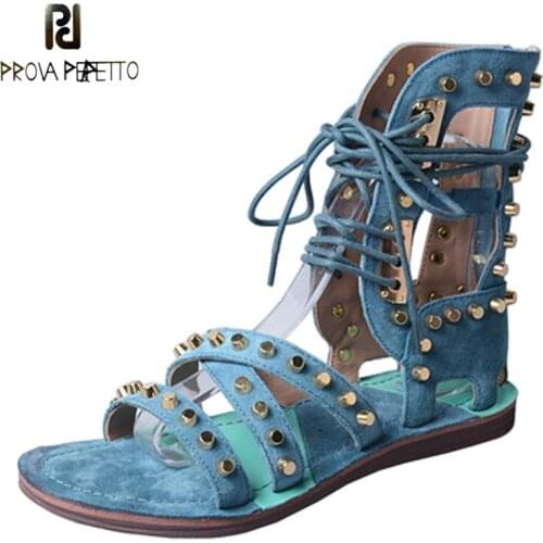 Round-toe Flat Sandals Thick-soled Frosted Cowhide Cross Ankle Ring Strap Back Zipper Casual All-match Rivet Roman Sandals