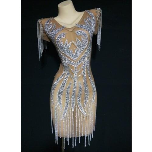 Silver Rhinestone Fringes Transparent Short Dress Women Dancer DS Show Mesh Outfit Evening Birthday Celebrate Dress