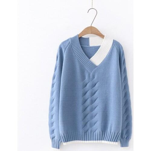 Urifens 2021 Autumn Winter Knitted Pullover Sweater Women Long Sleeve Spliced V Neck Sweater Pink White Blue Red Jumpers T395