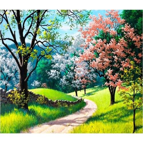 Green Trees Pink Flowers Landscape Oil Painting Reproductions on Canvas Posters and Prints Wall Picture for Living Room