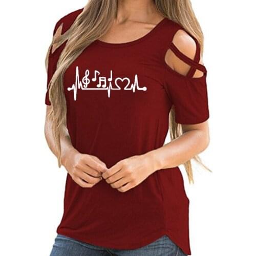 Music Notes Heartbeat Print Shirt Female Harajuku Off Shoulder Student Music Lover Gift Vintage T-Shirt Women Hollow Femme Tops