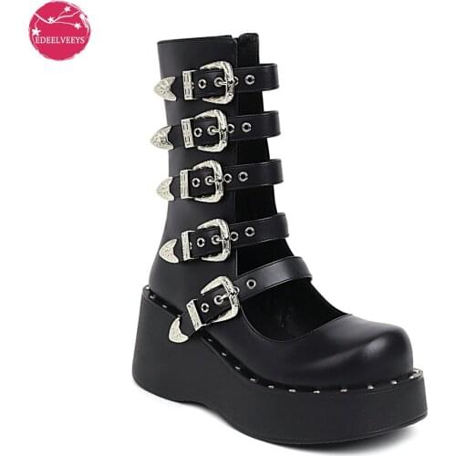 Brand Design Big Size 43 Black Gothic Style Cool Punk Motorcycles Boots Female Platform Wedges High Heels Calf Boots Women Shoes