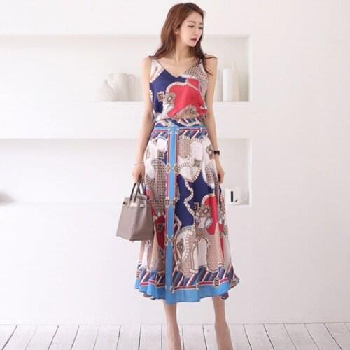Summer Two Piece Set Women Sexy V Neck Spaghetti Strap Vest Top + High Waist Midi Skirt Satin Silk Fashion Chains Print Suit