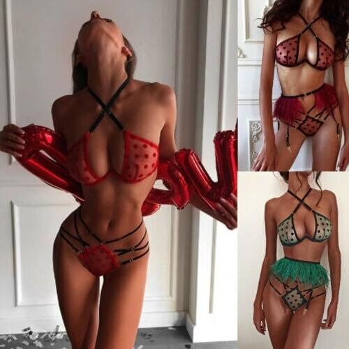 Women Lace Babydoll Sexy One Piece Lingerie Set Ladies Mesh Sheer Hollow Lace Bodysuit Bandage Triangle Bra Panties Nightwear