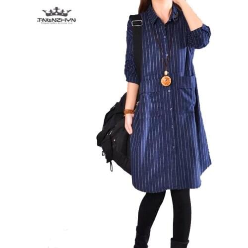2019 spring Plus size M-4XL women Literary striped dress medium long shirt long sleeve cardigan loose dress Casual dress Female