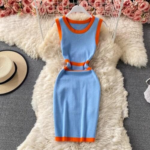2021 Summer Korean Fashion Color Match Knit Bodycon Sexy Dress Women Elegant O-neck Sleeveless Skinny Stretch Knitted Mini Dress