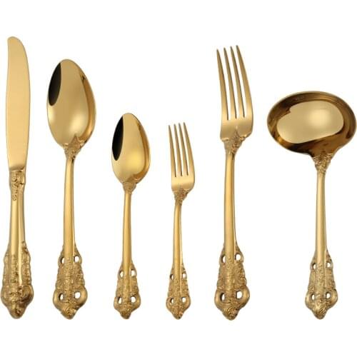 1pcs Luxury Golden Dinner Set Vintage Western Gold Plated Cutlery Stainless Steel Knife Fork Silver Dinnerware Silver Flatware