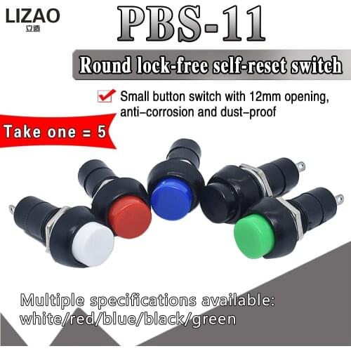 1Pack=5pcs PBS-11B 2PIN 12mm No Lock Self-Lock ON OFF Push Button Momentary Switch 3A 150V Black Blue Red Green Yellow