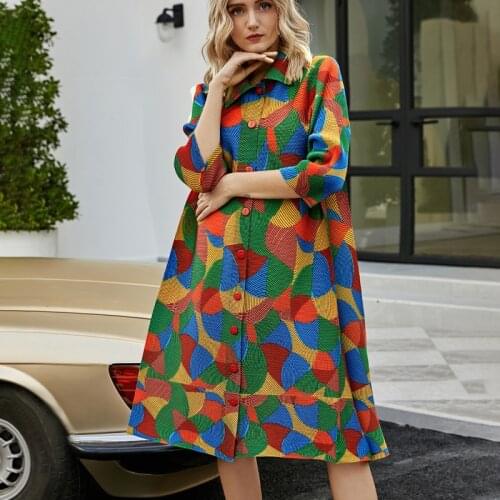 2020 autumn winter geometric puzzle dress Turn-down Collar long plus size women button up dress indie aesthetic clothes 5451