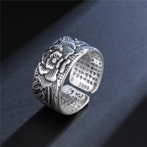 925 Vintage Thai Anemone Ring Opening Adjustable for Men and Women