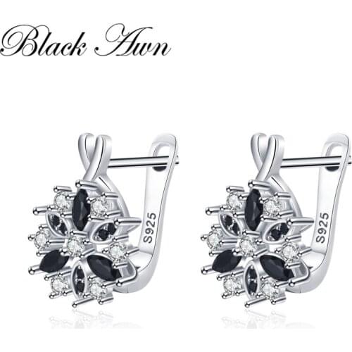 Black Awn Hoop Earrings for Women Classic 925 Sterling Silver Trendy Spinel Flower Engagement Fine Jewelry I212