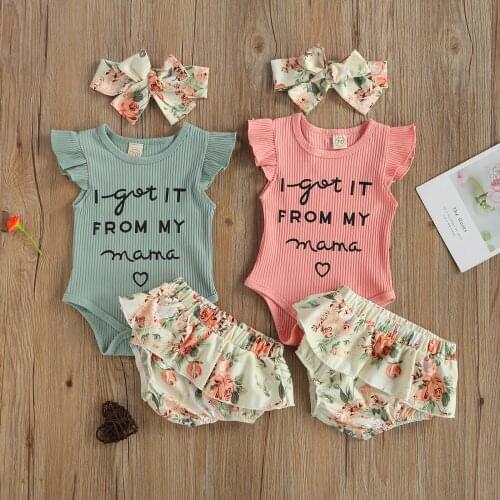 Newborn Baby Girls Clothes 3pcs Outfits Ruffles Fly Sleeve Letter Romper Tops Flowers Print Headband 0-12M