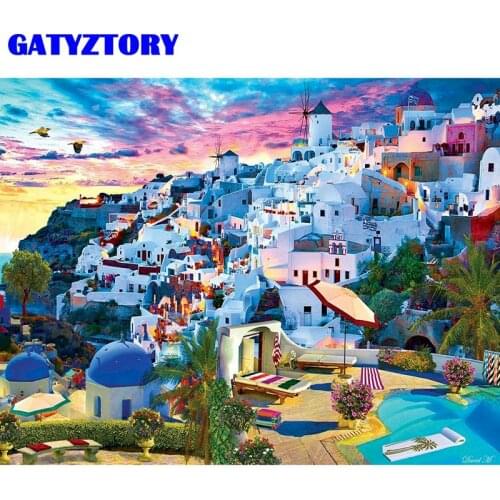 GATYZTORY 60x75cm Frame DIY Painting By Numbers Kits Santorini Landscape Picture By Numbers Handmade Acrylic Paint Artwork