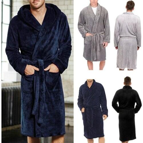 HIRIGIN Mens Winter Warm Robes Thick Lengthened Plush Shawl Bathrobe Kimono Home Clothes Long Sleeved Robe Coat peignoir homme