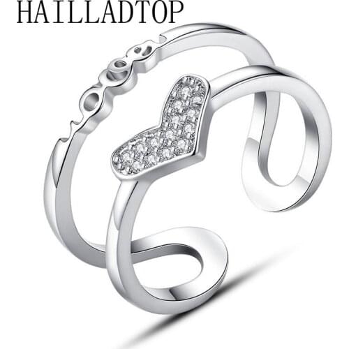 Hollow Out Letters "Love" Open Ring Shiny Crystal Blingbling Heart Finger Ring Double Layer Ring Jewelry Adjustable Austrian