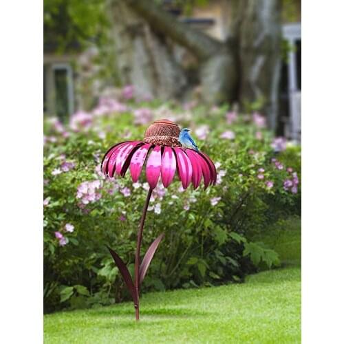 Hot Sell Bird Feeder Pink Coneflower Outside Rust Resistant Garden Decration Art Metal Pet Feeder With Metal Stake Garden Decor