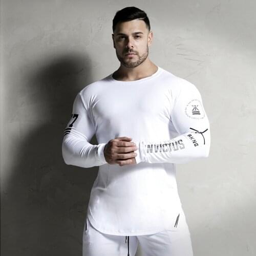 Mens printed round neck quick-dry sport casual long sleeve T-shirt gym running training stretch tights