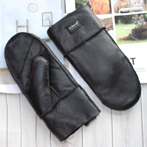Bickmods New Mens Fur Leather Gloves Black Increase Thickening Style Wool lining Winter Fashion Keep Warm Mittens
