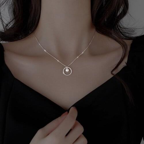 Silver Plated Exquisite Round Pearl Pendant Necklace Womens Box Necklace Jewelry Trendy Clavicle Chain Wedding Necklace