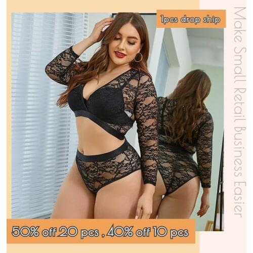 Plus Size Floral Lace Long Sleeve Top With Panty Women Lingerier Wholesale Wireless CT Market