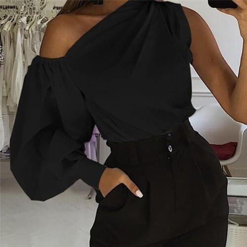 Sexy Women Lantern Sleeves Blouse Fashion One Shoulder Skew Collar Tops Streetwear Female Solid Color Shirt