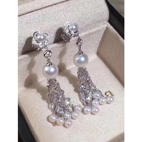 Natural fresh water pearl tassels drop earring 925 sterling silver with cubic zircon 4-5MM the same style as actress fine