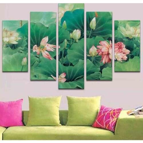 Modern Canvas Living Room Pictures Home 5 Panel Beautiful Lotus Flower Painting Wall Art Modular Poster Frame HD Printed Decor