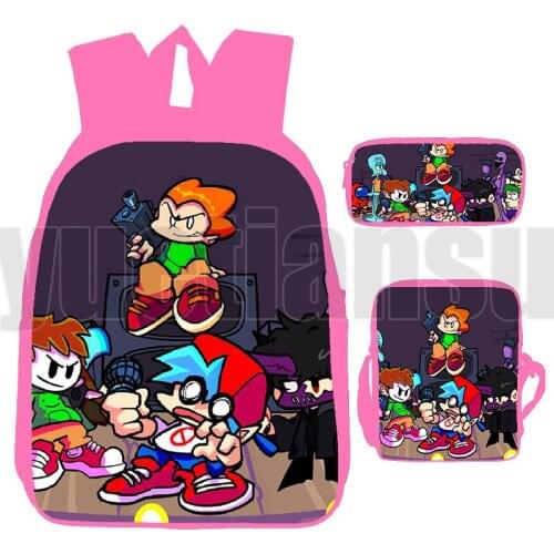 3 Pcs/Set Friday Night Funkin Bag 3D Print Primary School Bag Pink Anime Harajuku Teenager Fnf Book Bag Backpack Shooting Game