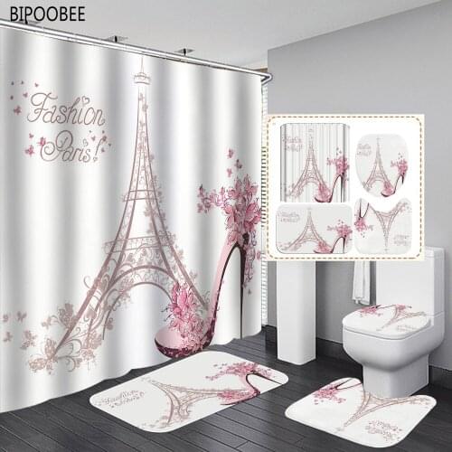 Pink Flower High Heels Shower Curtain Fashion Paris Tower Bathroom Curtains Bath Mats Rugs Non Slip Carpet Toilet Lid Cover
