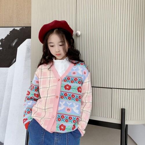 2021 Kids Cardigans Knitted Floral Pattern Fashion Toddler Girls Jacket 100-150