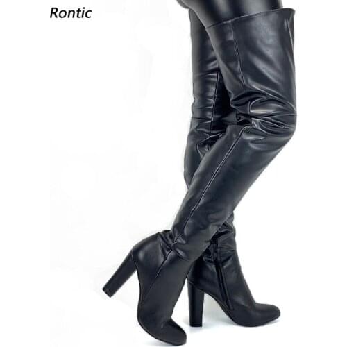 Rontic Handmade Women Winter Thigh Boots Unisex Side Zipper Block Heels Round Toe Elegant Black Casual Shoes US Size 5-20