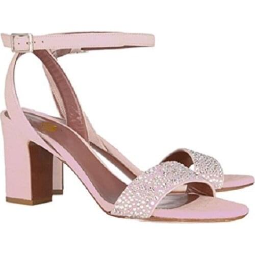 Original Intention Women Sandals Rhinestone Open Toe Square Heels Sandals Green Pink Yellow Shoes Woman Plus US Size 4-15