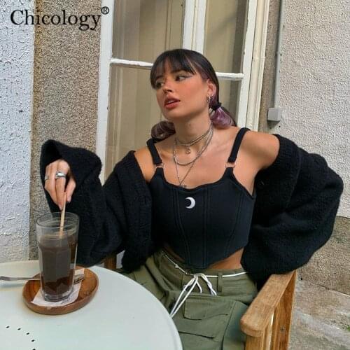 Chicology Embroidery Crescent Moon Crop Top Tank Sexy Punk Fashion Goth Clothes Women Autumn Winter Streetwear Y2K Gothic Shirt