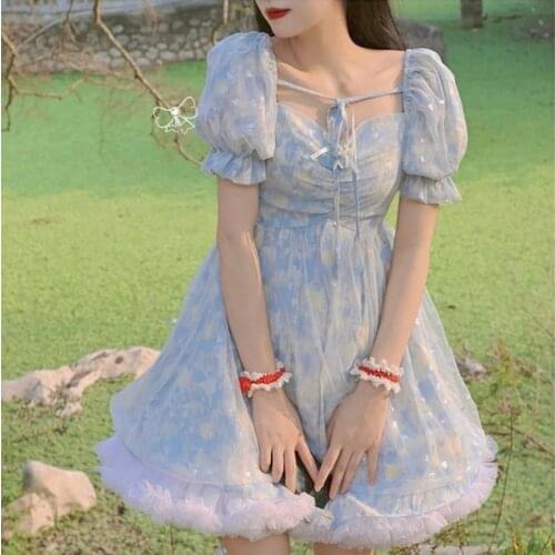 2021 Print Sweet Kawaii Mini Dress Women Japanese Vintage Cute Blue Lace-up Dress French Princess Sequin Puff Sleeve Fairy Dress