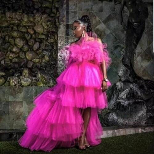 Vestidos formales Hot Pink 2 Pieces Set Prom Dress Custom Made Cheap High Low Party Gowns Fluffy Ruffles Sleeveless