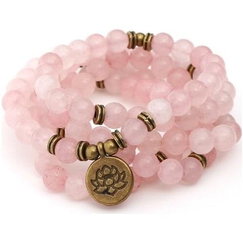 Pink 108 beads 8mm elastic adjustable Lotus life tree Buddha OM eye Chakra Reiki agate Onyx Yoga Bracelet necklace uu4d